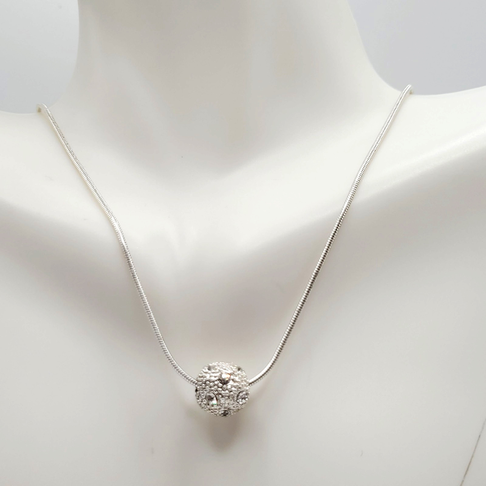 Disco Ball Glitter Sphere Feminine Elegant Style Silver Tone Pendant Necklace