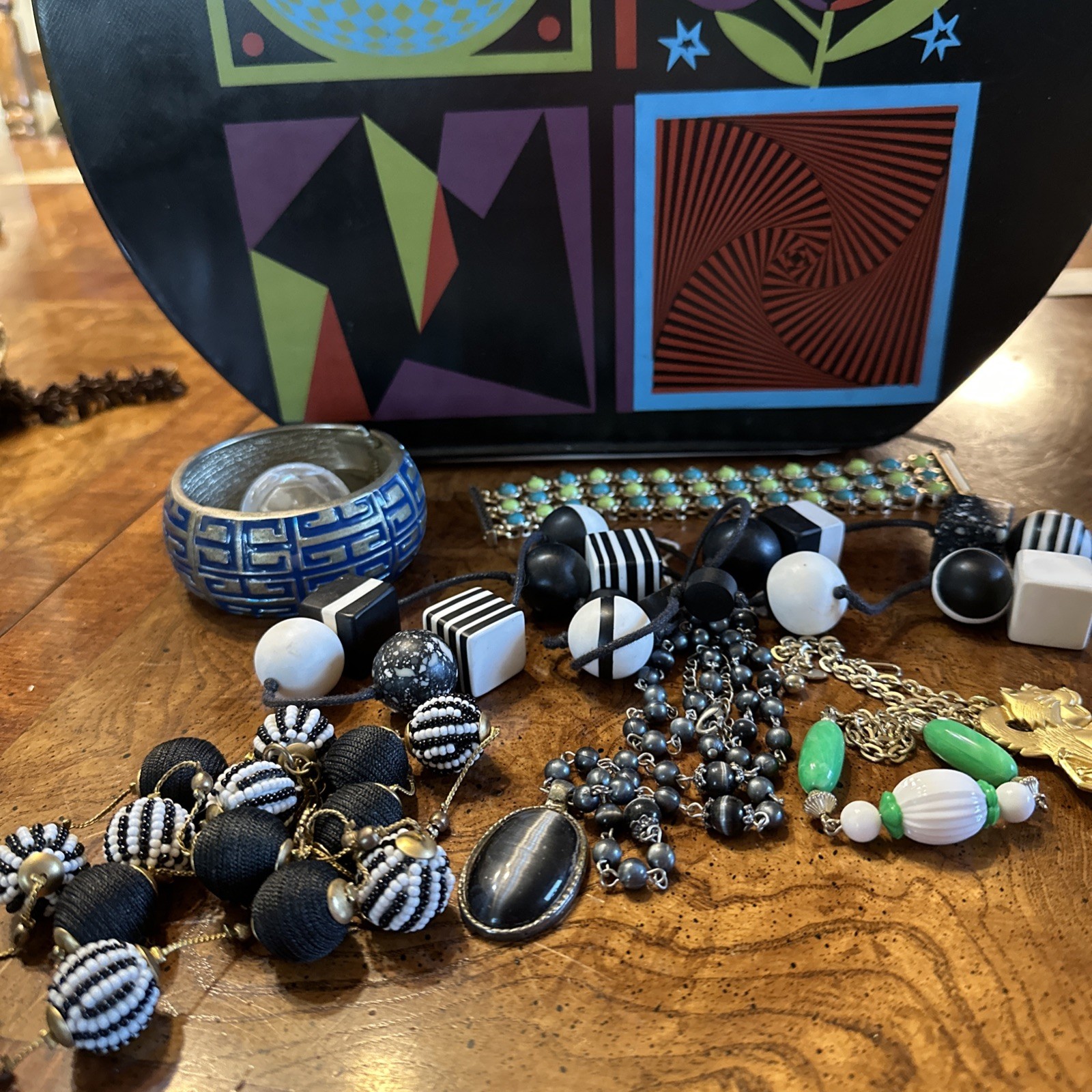 Vintage Jewelry Lot w/ Mod Hard Shell Suitcase Black White Retro Mix Purse Prop