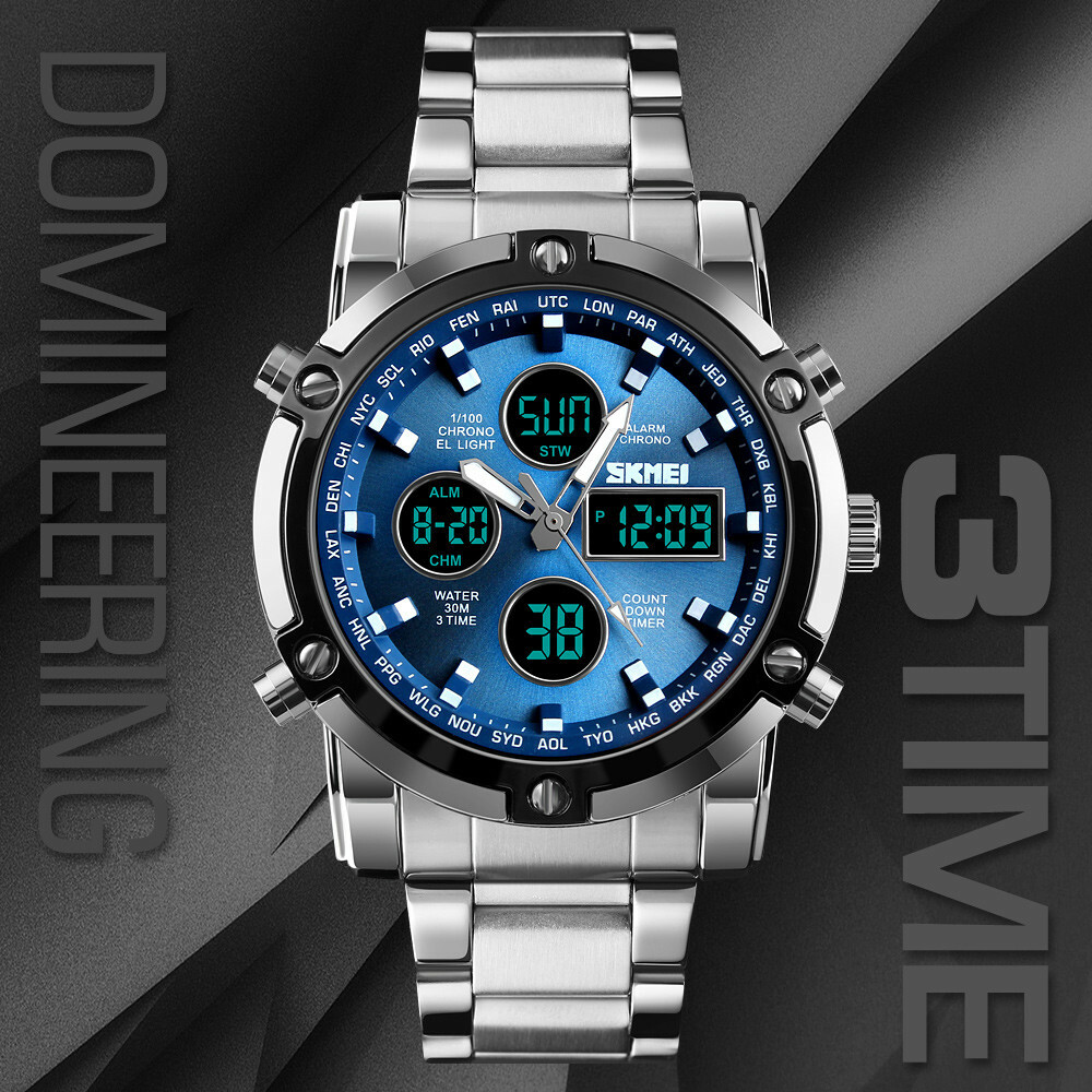 SKMEI Men Quartz Watch LED Digital Steel Wristwatch Casual Business Male Watches