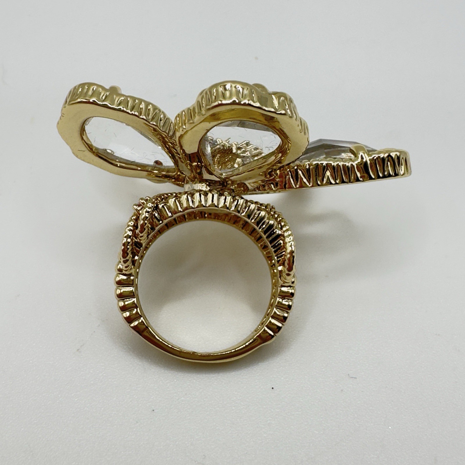 Joan Boyce Crystal Flower Ring Gold Tone Statement Cocktail Ring 1.5″ Size 5.5