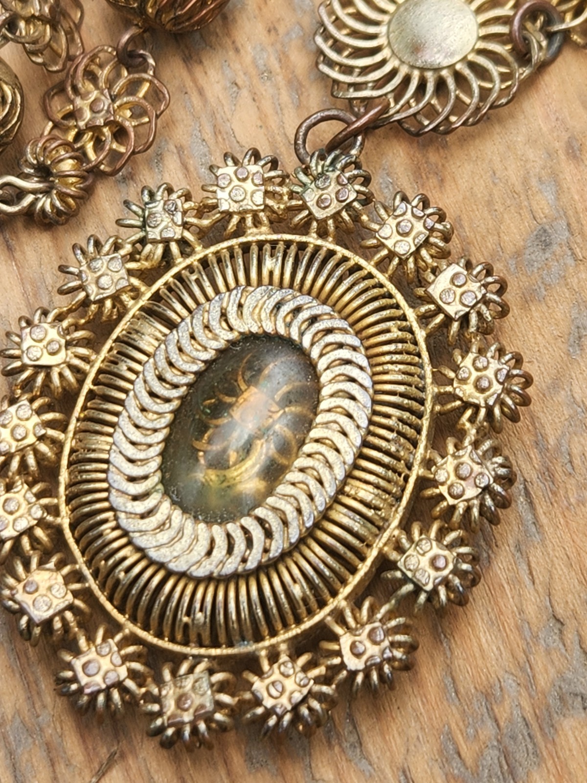 Antique Tambourine Reliquary Necklace Filigree Window Philippines Gold Gilt