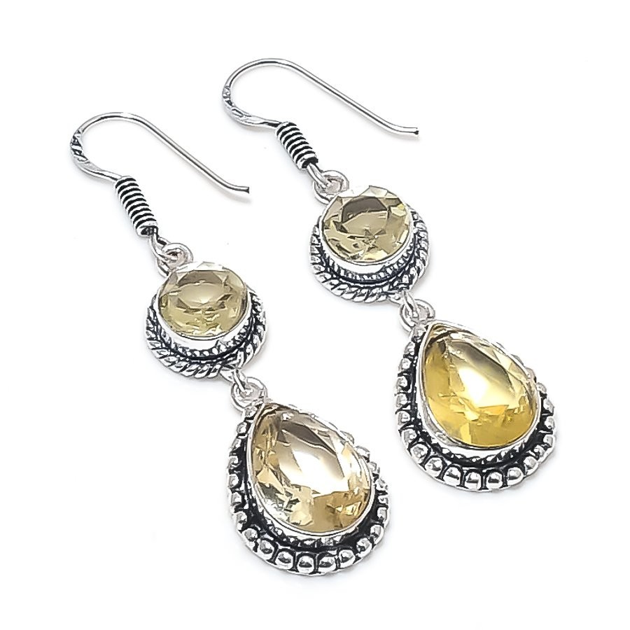 Lemon Quartz Gemstone 925 Sterling Silver Jewelry Earrings Size 2″ For Gift