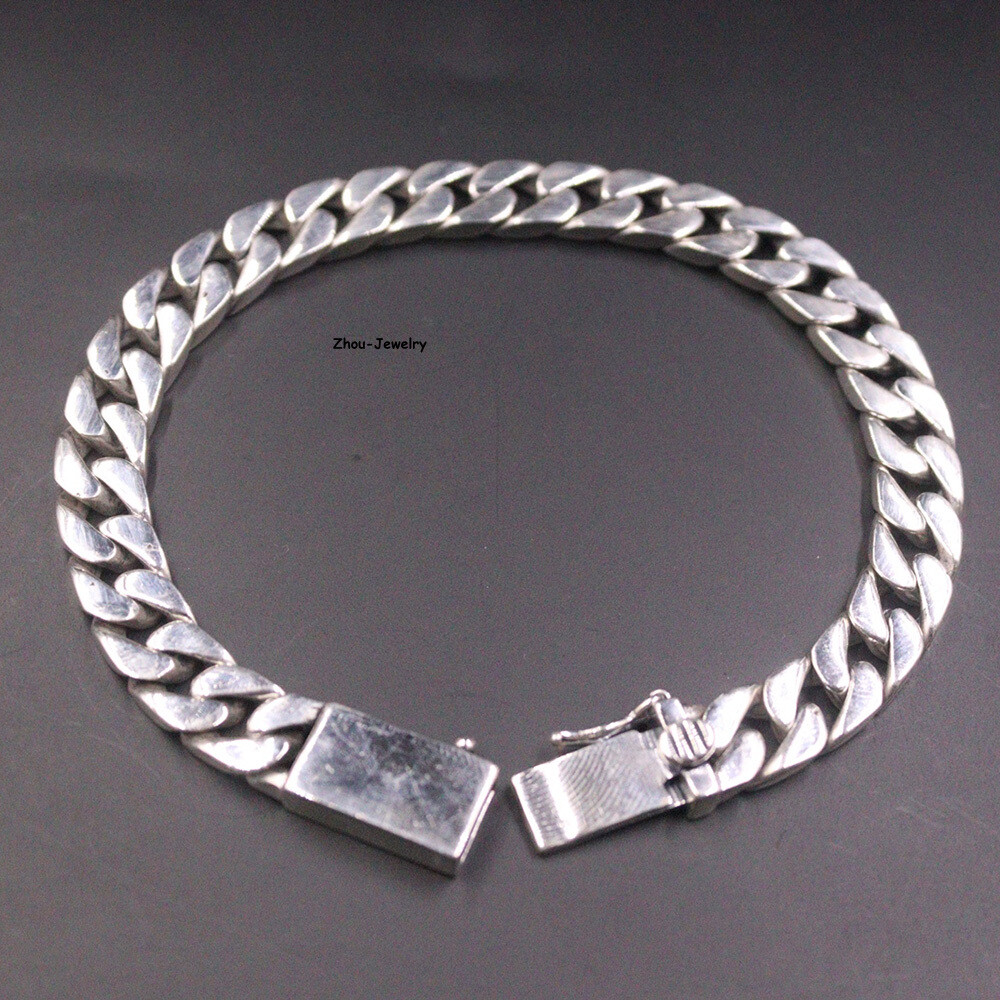 Solid S925 Sterling Silver Chain 8mm Cuban Curb Link Bracelet 34-35g 7.9inch