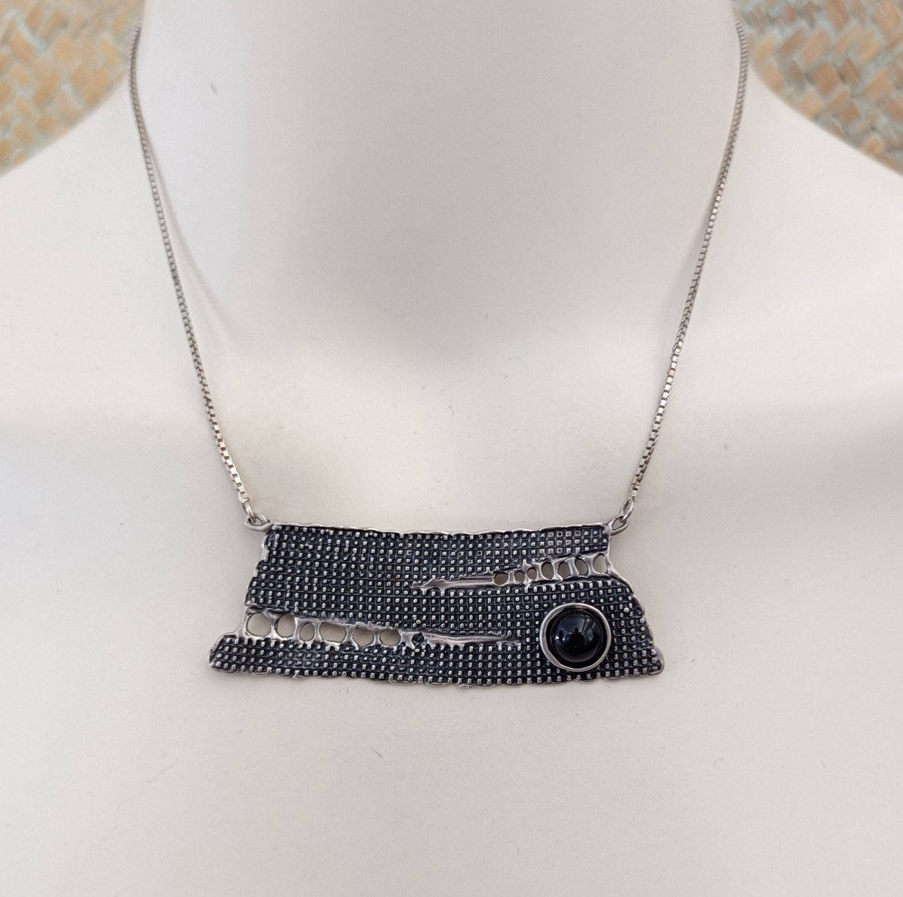Modernist Silver Necklace Israel Artisan Onyx Abstract Expressive Studio Vintage