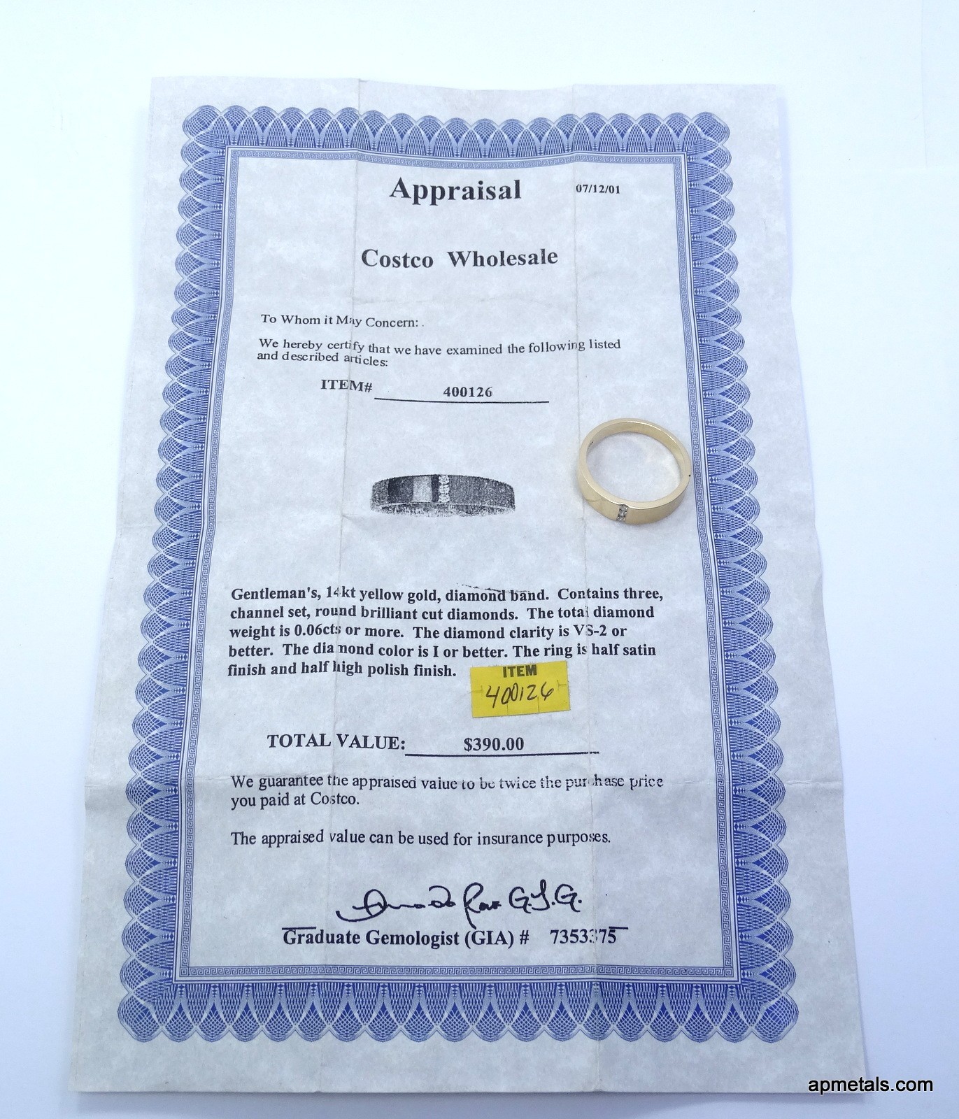Vintage Costco 14k Yellow Gold Natural Diamond Ring Matt Finish w/ Appraisal