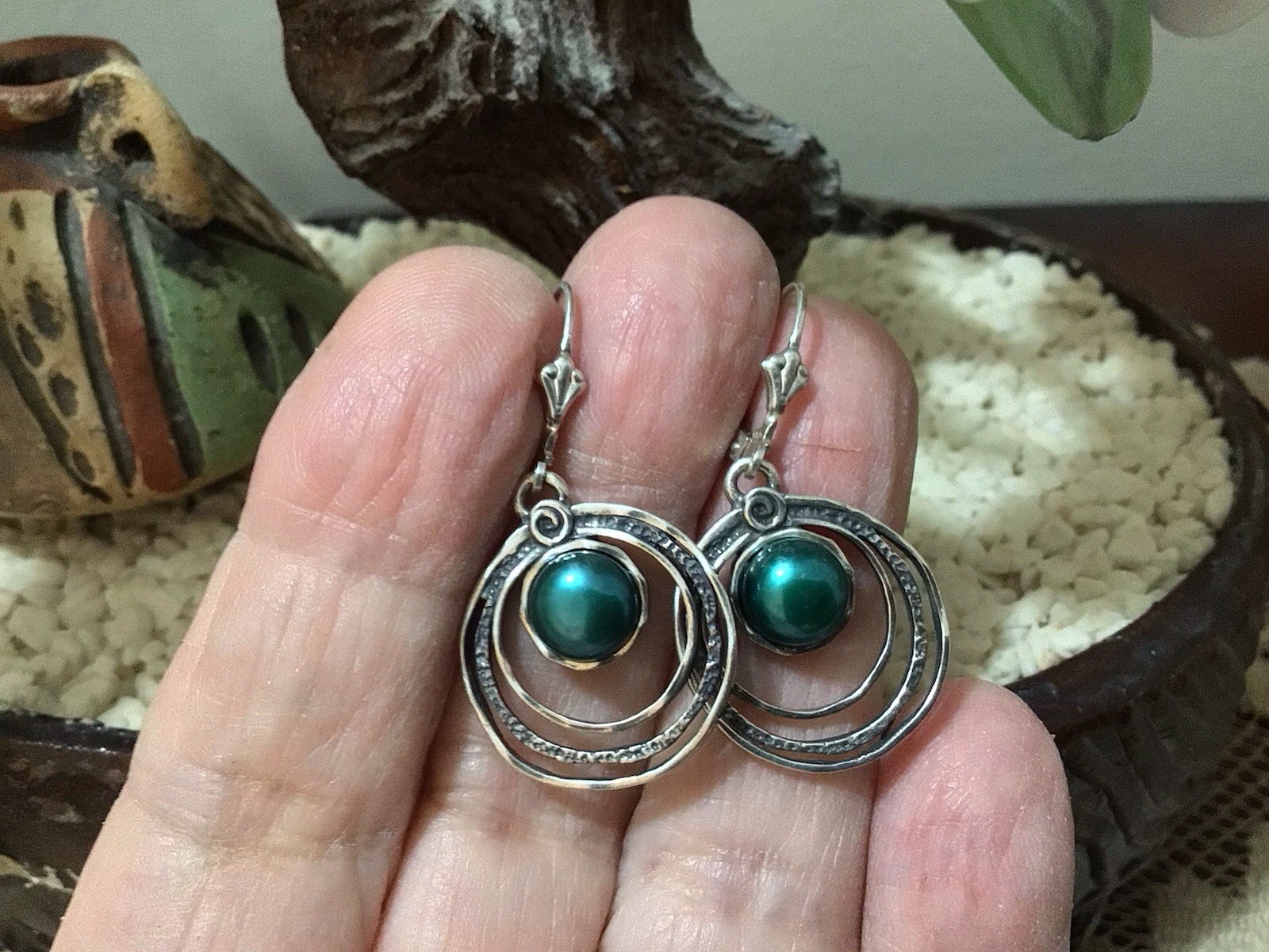 PZ ISRAEL 925 Sterling Silver Cultured Teal Pearl Triple-Circle Earrings 5g EUC