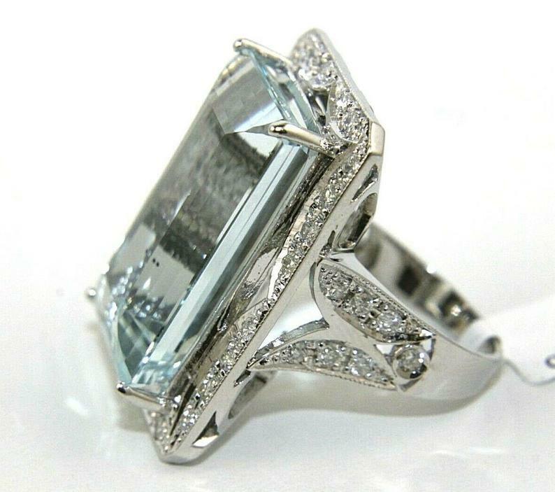 Halo 32.70CT Emerald Cut Aquamarine & Round CZ 935 Silver Women’s Solitaire Ring