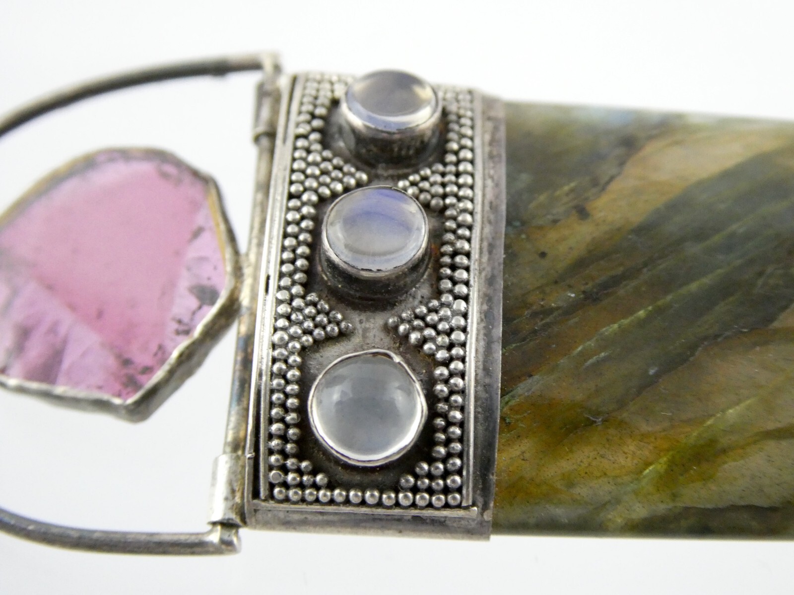 Sterling Silver Pink Tourmaline Slice Labradorite Moonstone Pendant 925 24.2g