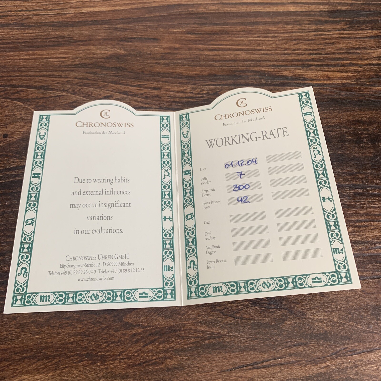 Chronoswiss Watch Certificate of Accuracy Working-Rate Paper Caliber ETA 7001