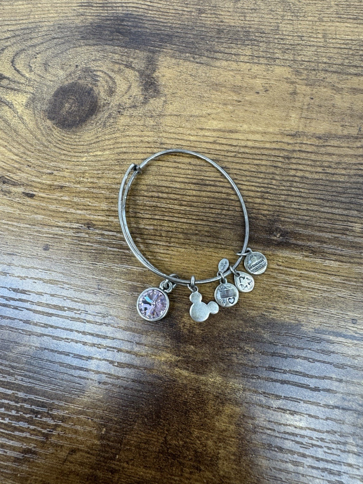 Alex and Ani Disney Mickey Mouse Pink Crystal Charm Bangle Silver Tone