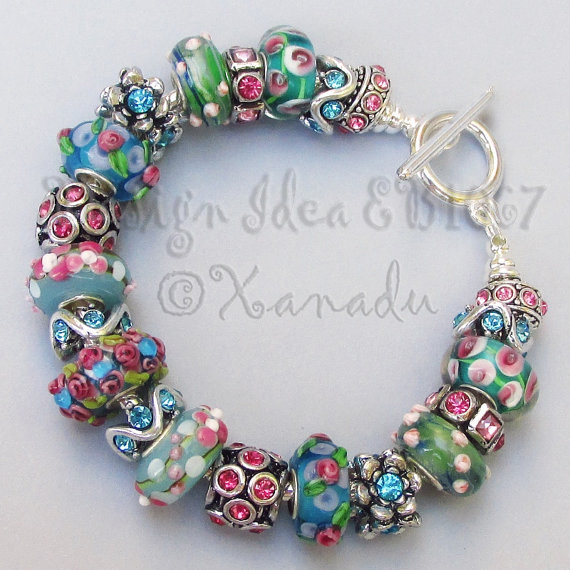 Pink Floral Lampwork Glass 15mm Large Hole European Beads EB1067 – 1, 2 Or 5PCs