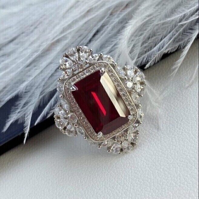 3Ct Emerald Cut Simulated Ruby & Diamond Engagement Ring 14K White Gold Plated