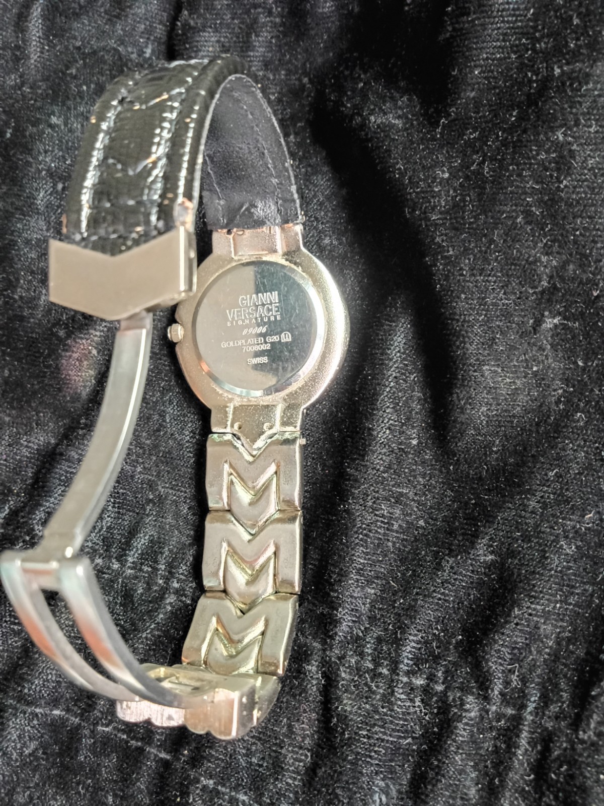 Gianni Versace Signature Women’s Swiss Watch Silver Case Black Leather Strap