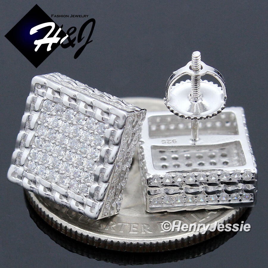 MEN 925 STERLING SILVER ICY BLING CUBIC ZIRCONIA SILVER 11MM 3D STUD EARRING*173