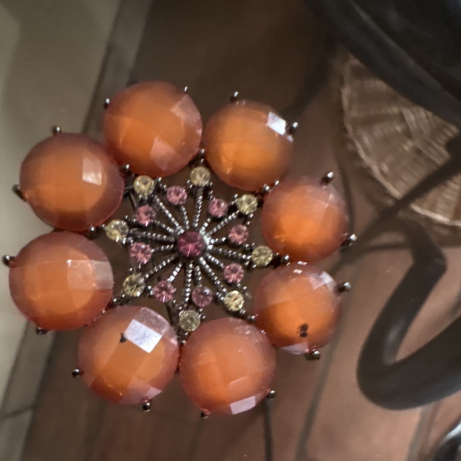 Orange Glass & Pink Rhinestone Flower Brooch Pin, Prong Set vintage