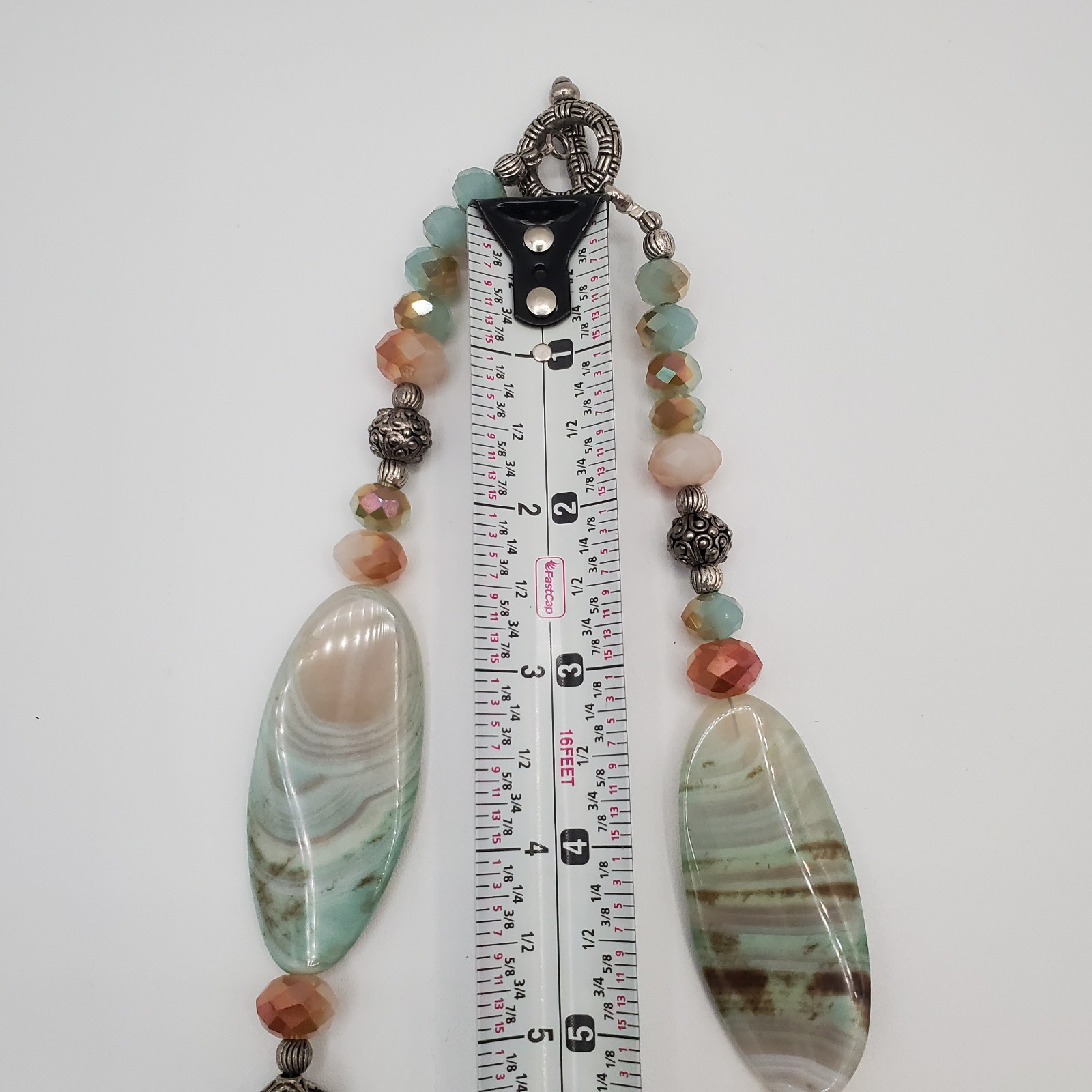 Banded Agate Stone Necklace 32in Peach Aqua Green Brown Polished Natural Beads