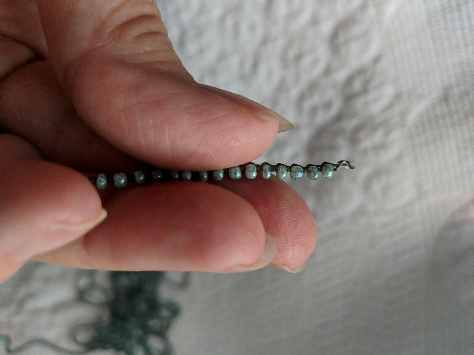 VINTAGE Aqua Green Iridescent Glass Seed Bead Strand Attached to String