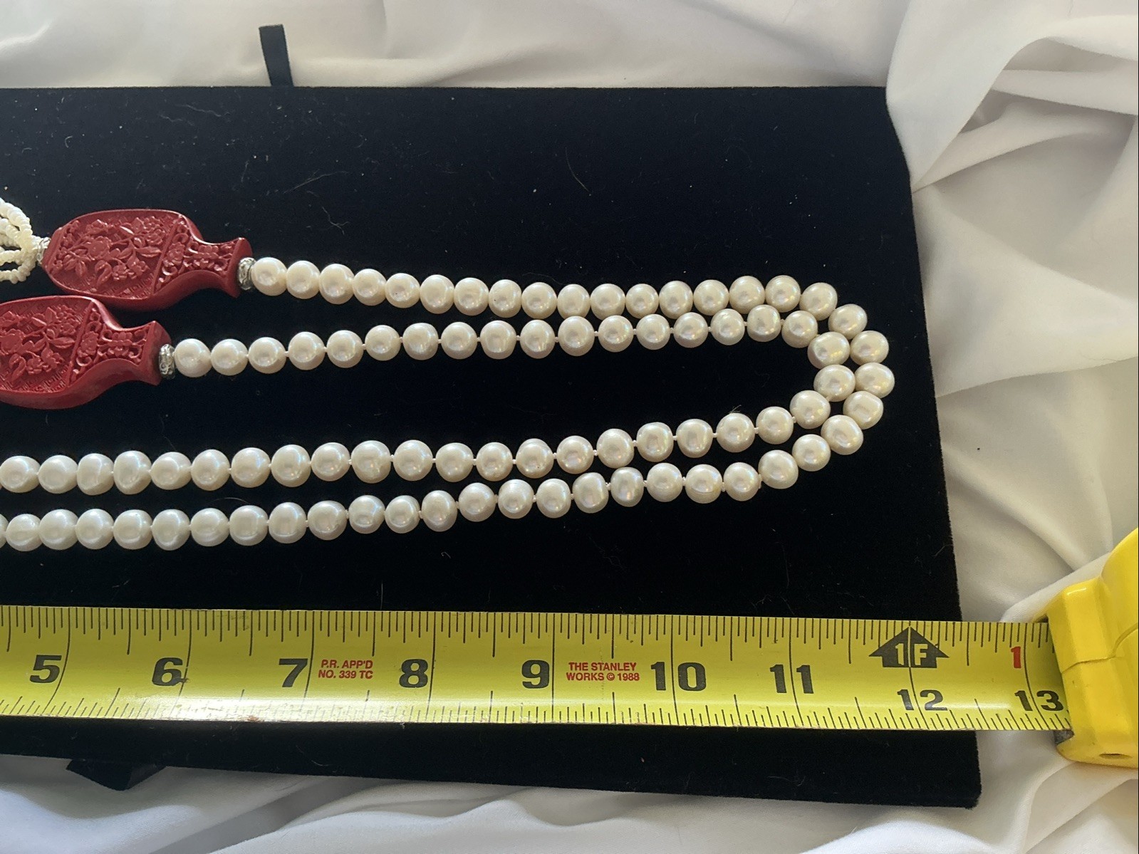 Cultured Pearls. 24 Inches Long. 9-10mm, Cinnabar Decorations.