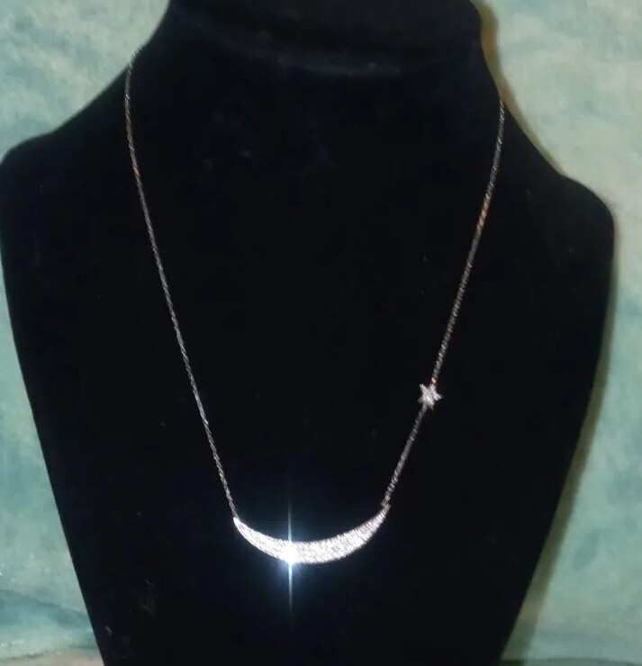15″ MIDAS (925 Turkey) Sparkling Accented Moon & Floating Star Necklace Signed