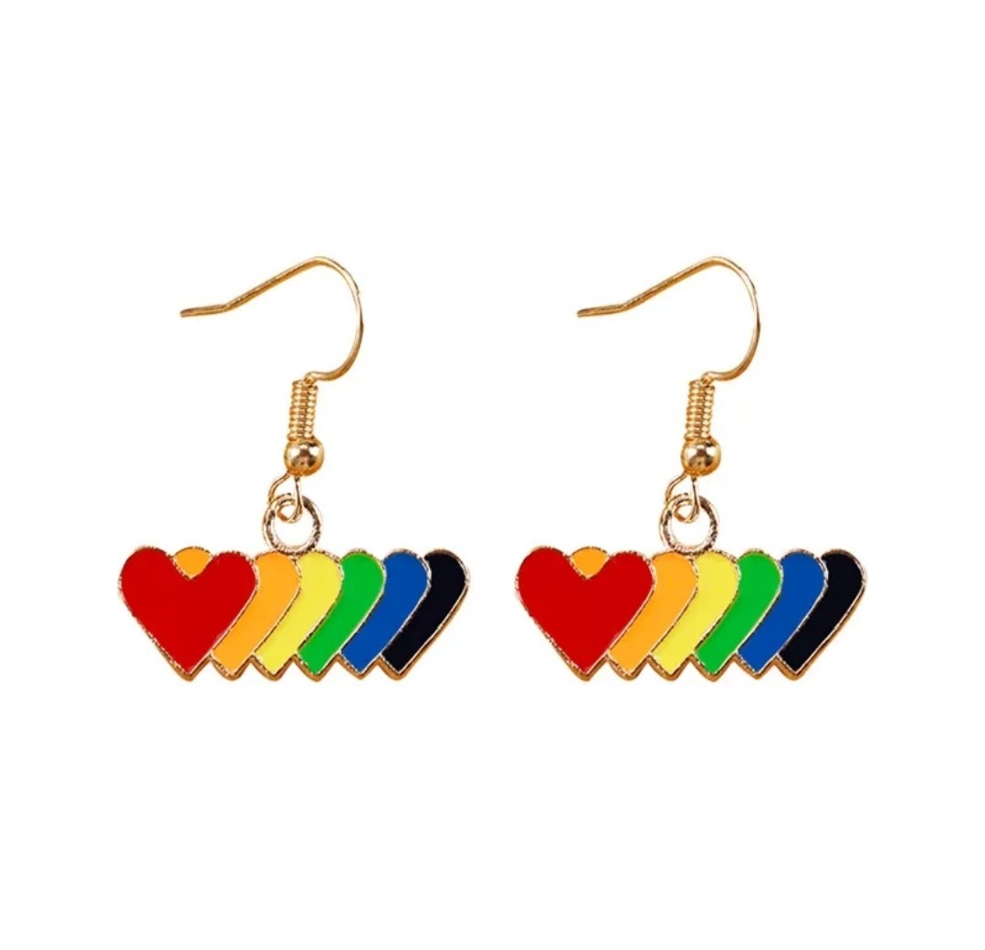 3x Rainbow Enamel Heart Dangle Drop Hook Earrings Multicolor Love Peace Theme