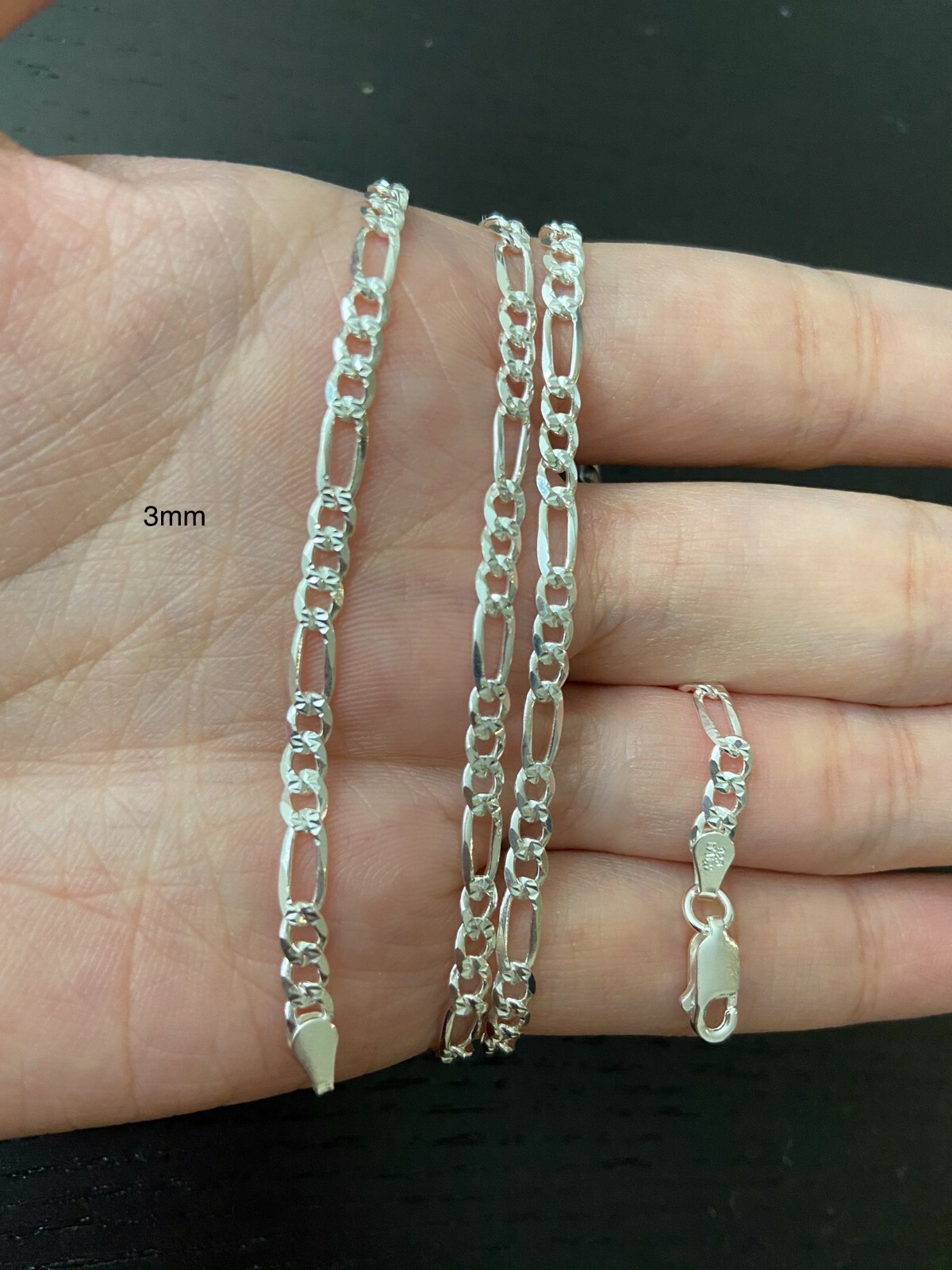 Real Solid 925 Sterling Silver Figaro Chain Diamond Cut 2mm 3mm 4mm ITALY