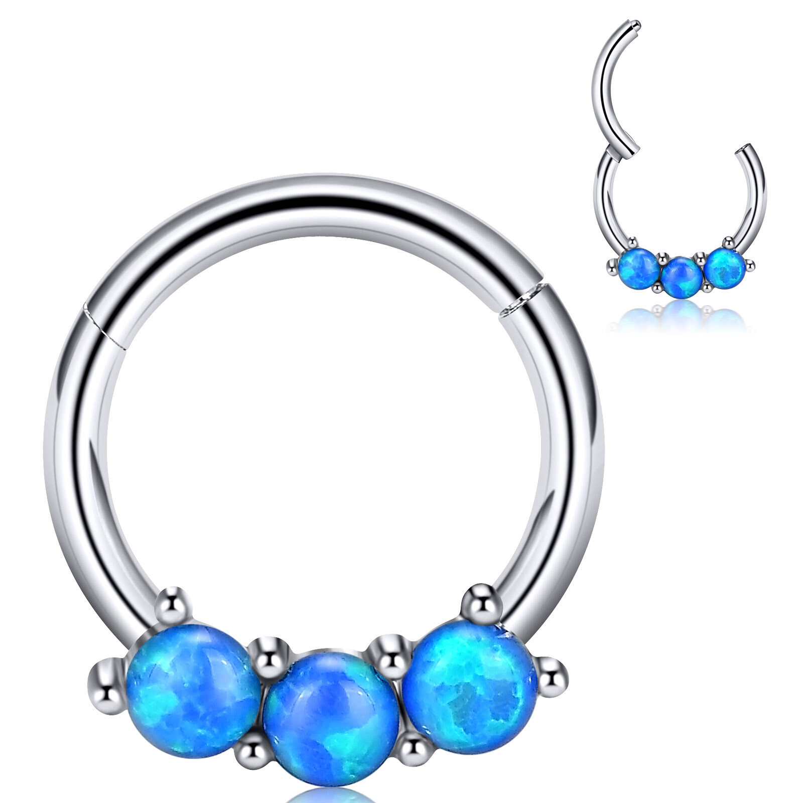 2pcs Silver+Rosegold Opal Nose Hinged Hoop Piercing Segment Ring Earring Studs