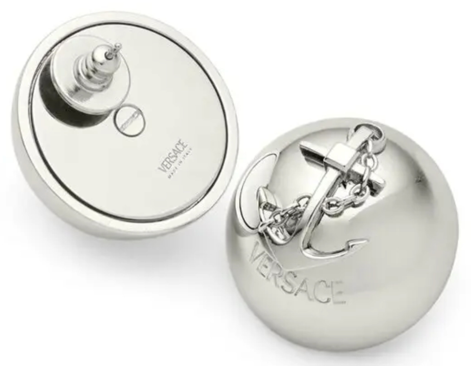 NIB Versace Nautical Anchor Logo Large Silver Sphere Round Ball Earrings $975