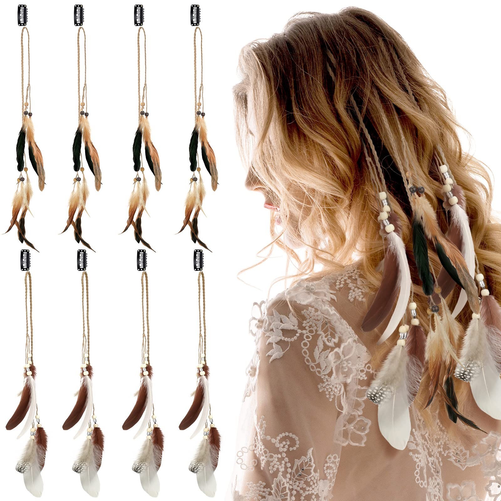 Bencailor 8 Pcs Feather Hair Clips Hippie Handmade Boho Hair Extensions with …