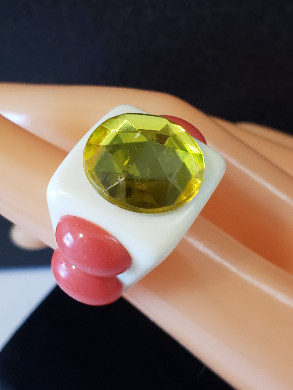 Signed La Manso Ring White Dark Pink Side Cabochons Yellow Faceted Top Sz 5