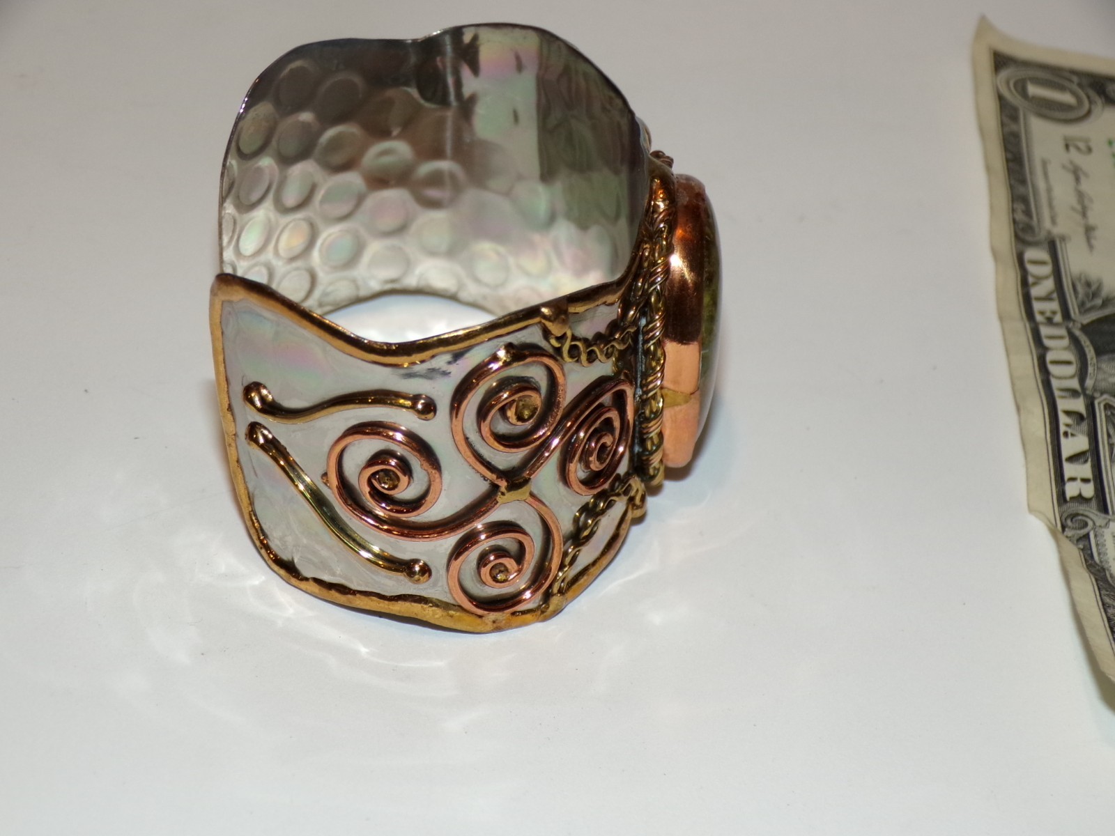 Bracelet Jewelry Unakite Mixed Metal Cuff Ladies Vintage [291]