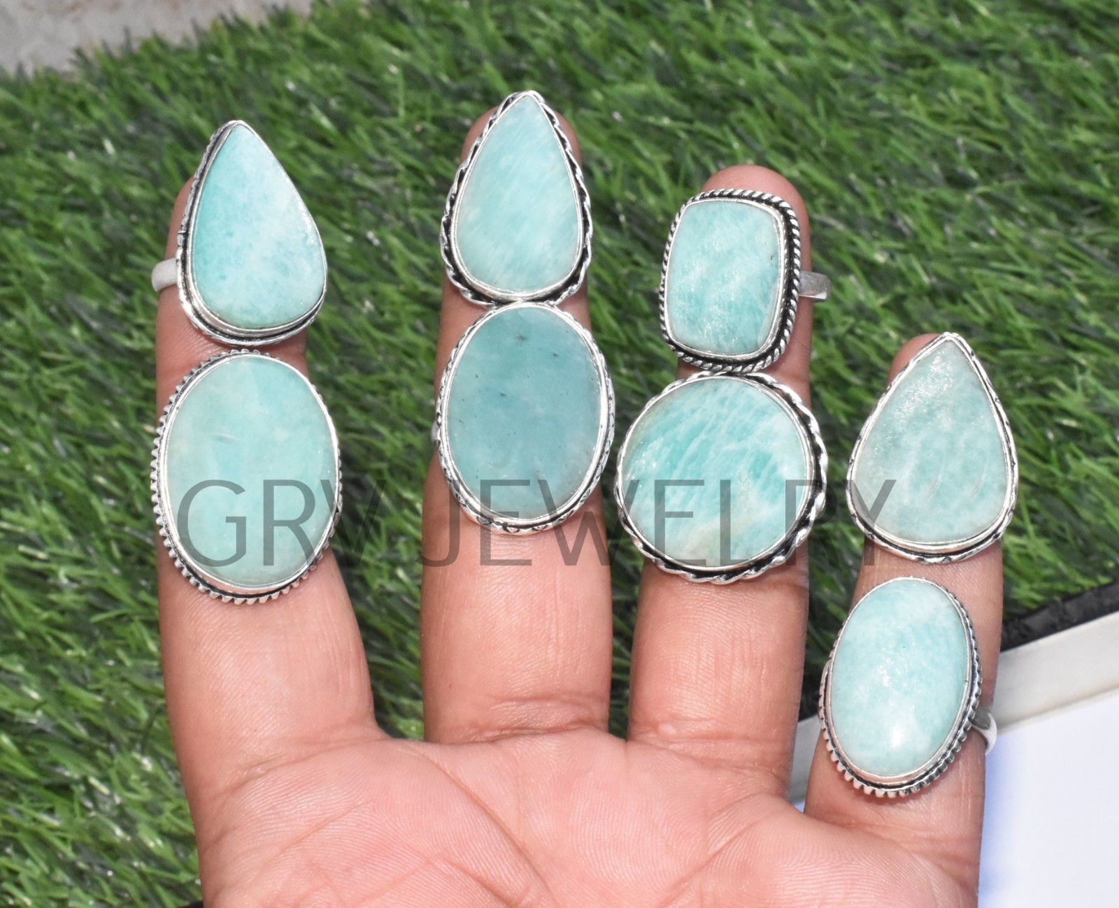 1-500 Pcs Natural Amazonite In Wholesale Gemstone Rings Lot: Silver Plated Whr-9
