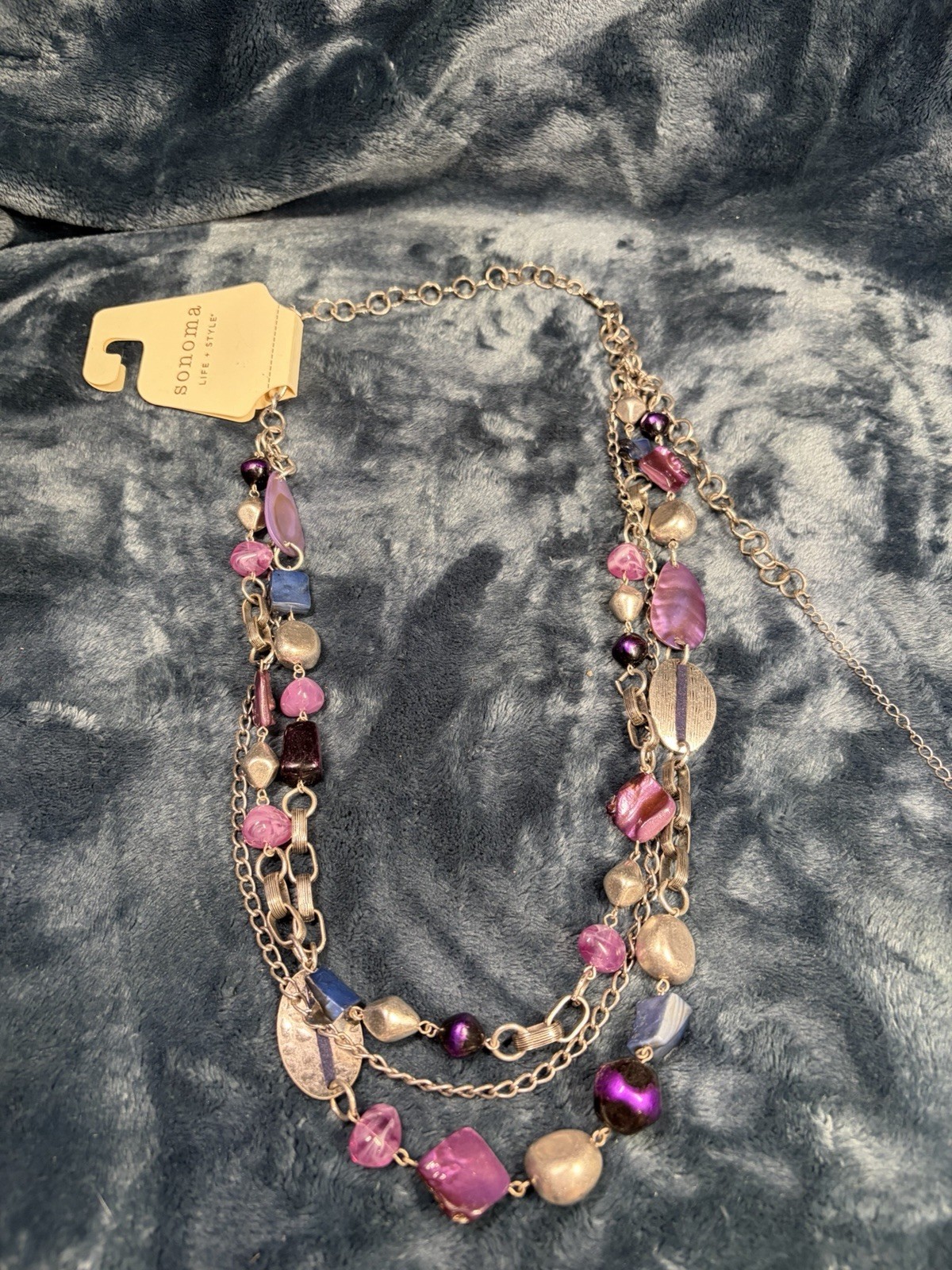 Sonoma Life + Style Purple Bead Silver Tone Multi Strand Station Necklace 32 in