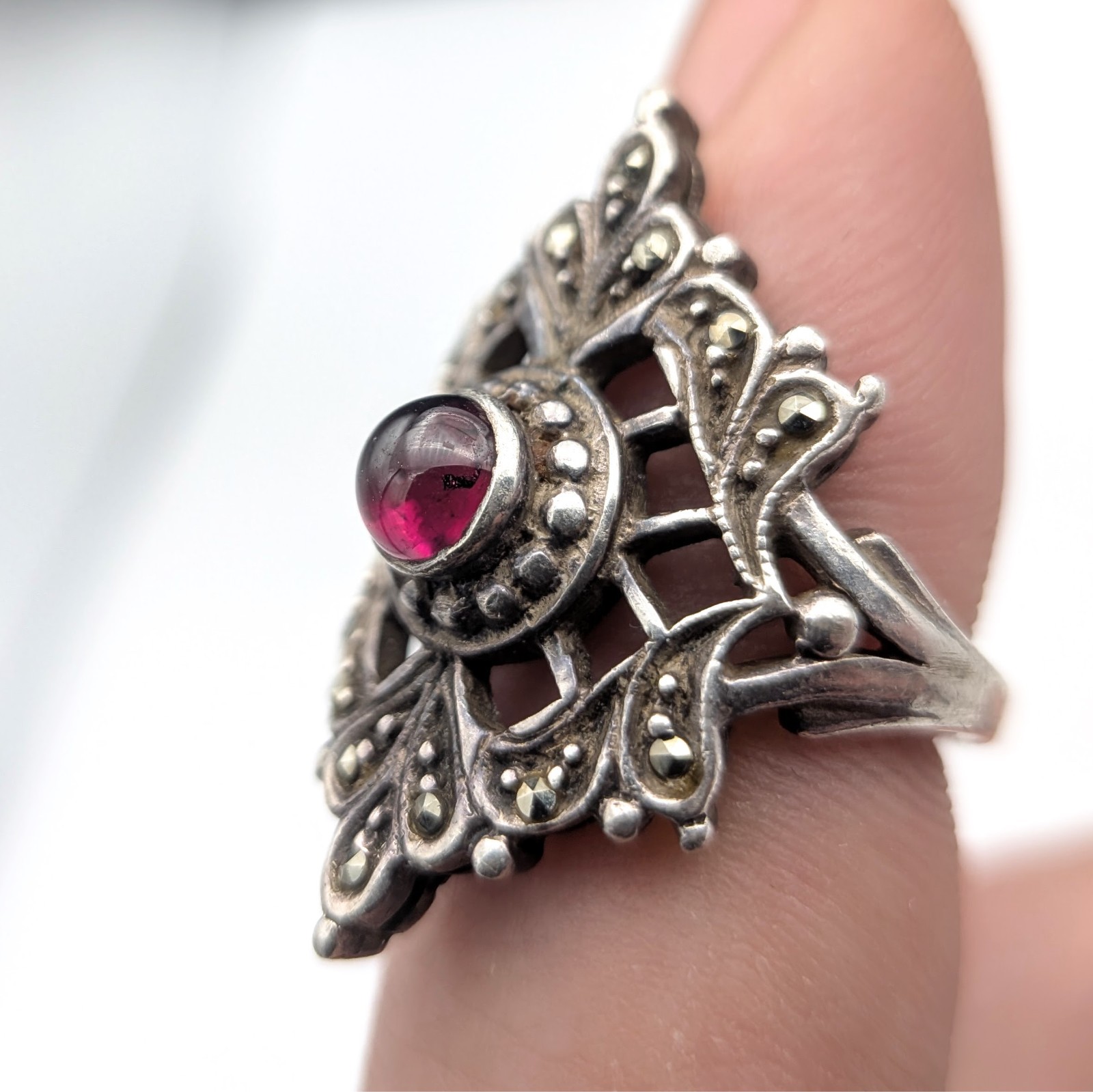 Antique Gothic Sterling Silver Ring W/ Violet Color Garnet Center Stone Size 6.5