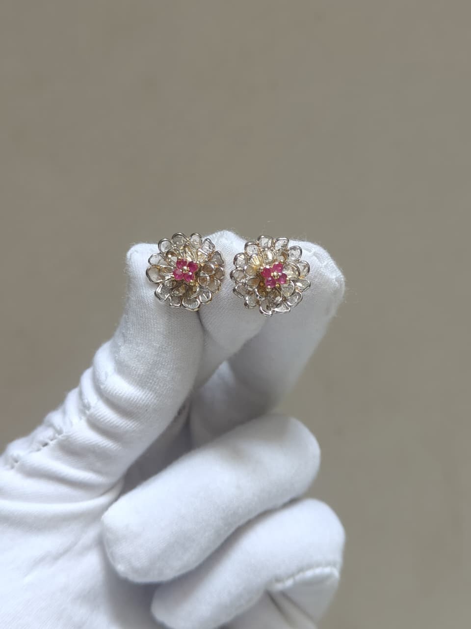 Polki Floral Stud Earrings Pink Tourmaline Gold Plated Indian Wedding Gift