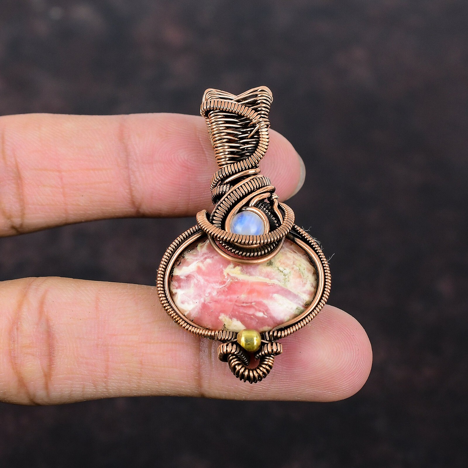 Rhodochrosite Gemstone Jewelry Copper Gift For Sister Wire Wrapped Pendant 2.09″
