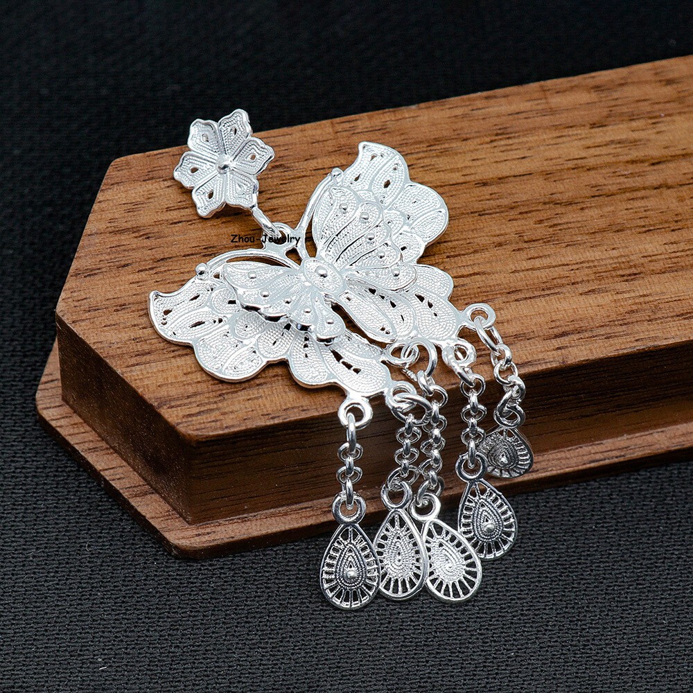 Pure S999 Sterling Silver Pendant Women Butterfly Tassels Pendant 3-4g 51*25mm