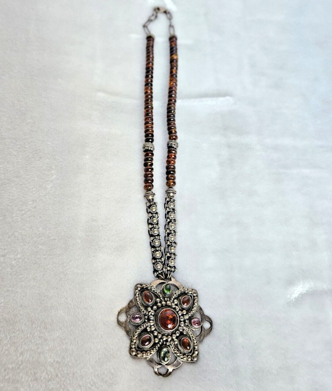 Vintage 925 Solid Sterling Silver Multicolor Amber Large Pendant Necklace