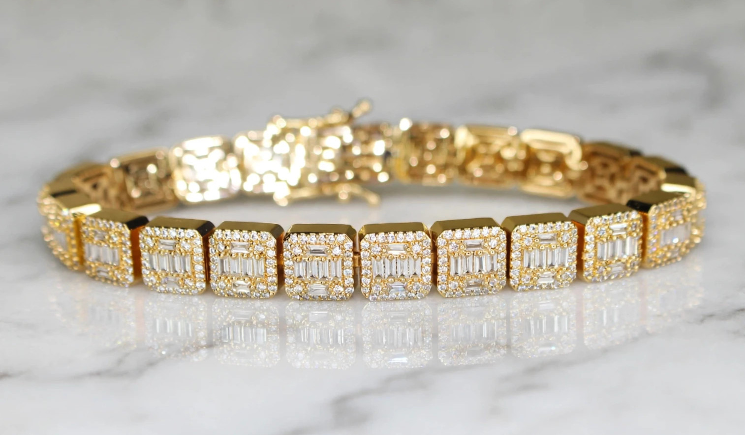 14k STAMPED 10mm BAGUETTE Tennis 18.6ct Lab Sim Diamond BRACELET 56g+ Gold