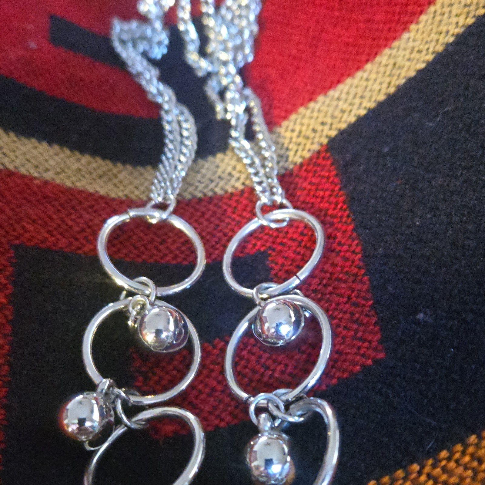 Silver Tone Metal Rope Chain Statement Necklace Circle Links & Ball Bead Dangles