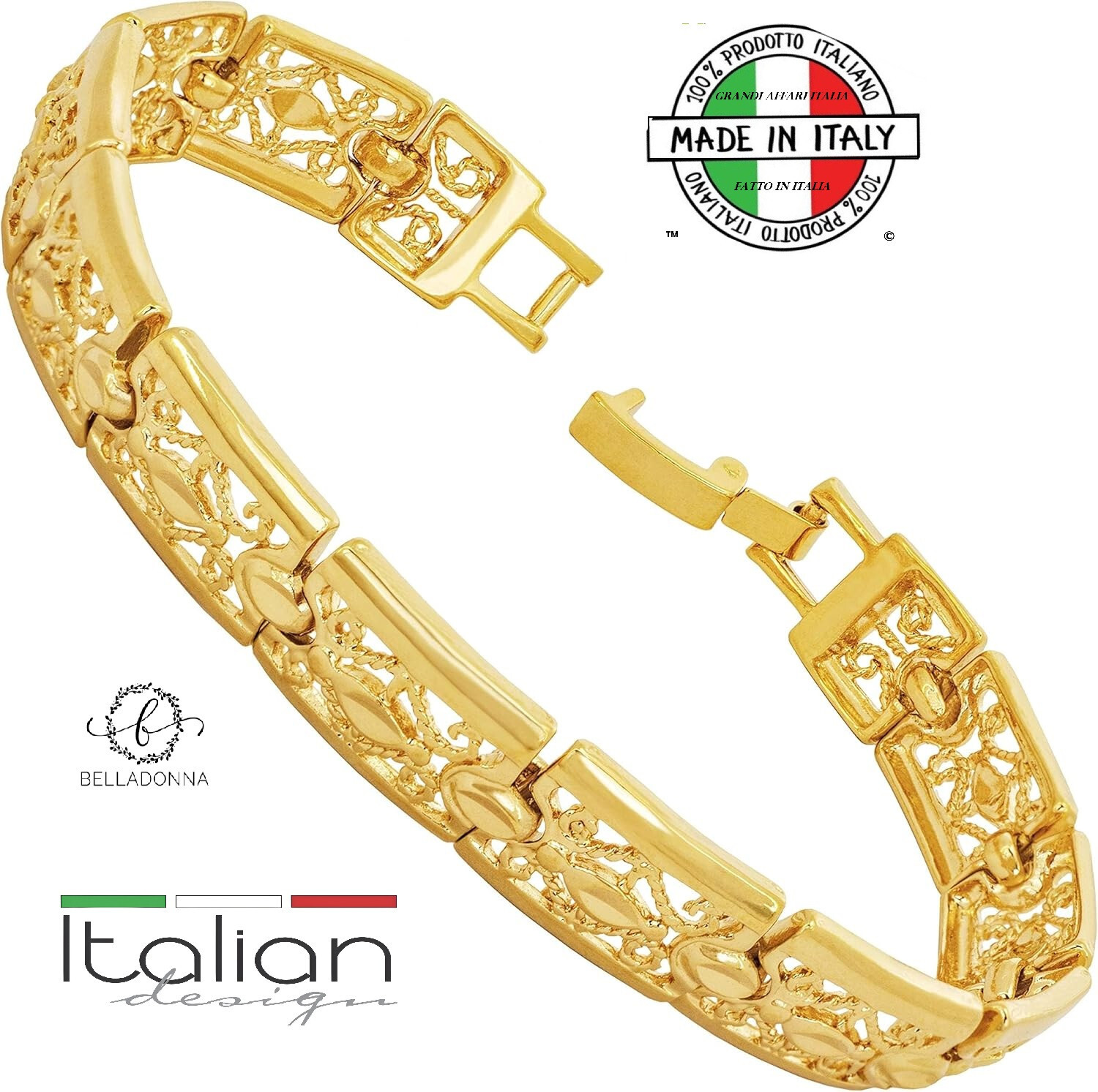 Italian Filigree Bracelet 24k GP 9mm 9.0in Link Handmade Artisan Diamond Cut New