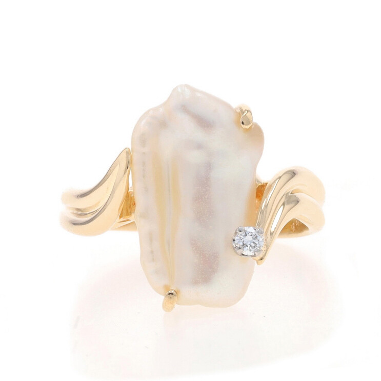 Yellow Gold Baroque Cultured Pearl Diamond Bypass Ring – 14k