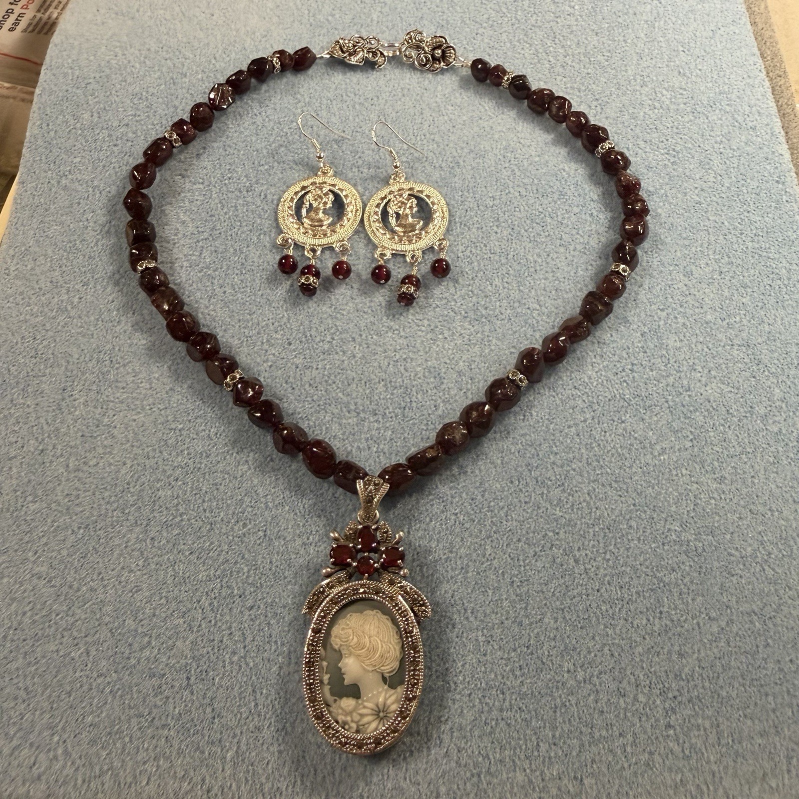 VICTORIAN CAMEO GARNET NECKLACE MARCASITE STERLING 925 ESTATE STYLE PENDANT