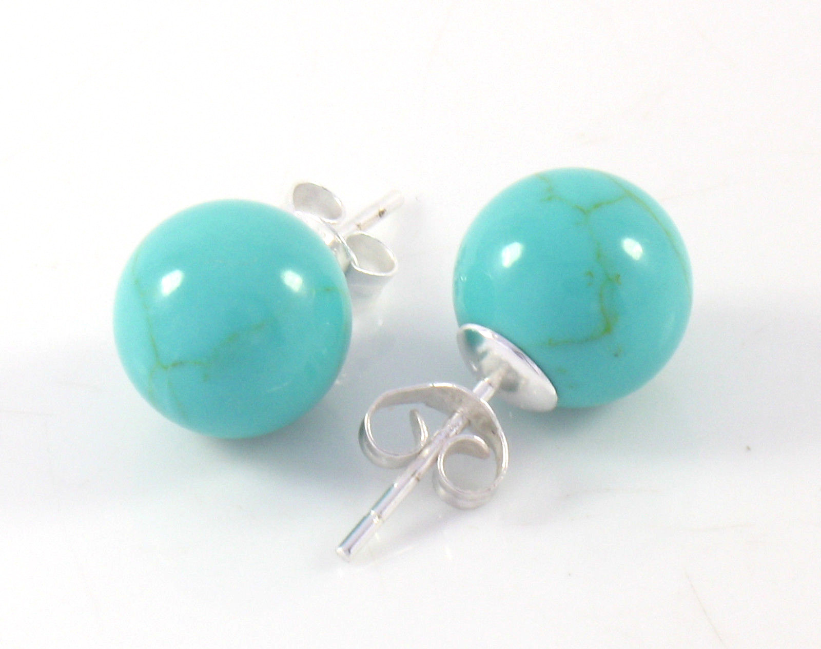NEW .925 Sterling Silver Simple & Elegant 10mm Blue Turquoise Ball Stud Earrings