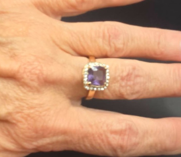 Amethyst and Gold Tone Cushion Cut Halo Cocktail Ring New
