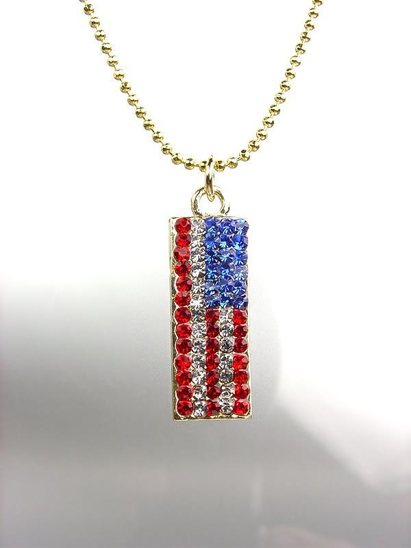 GOLD Red White Blue Crystals Patriotic USA American Flag Necklace 1135