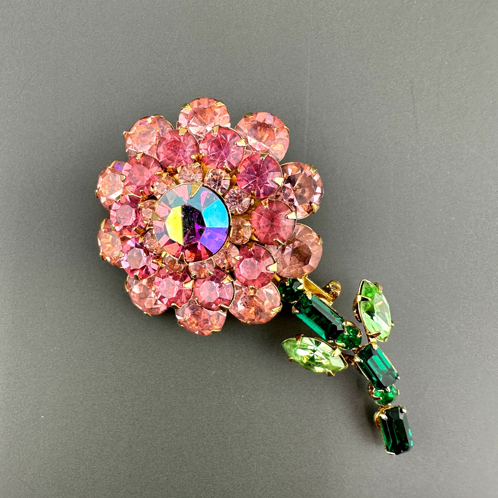 Vintage Judy Lee Rhinestone Flower Brooch Shades of AB Pink Green Long Stem READ