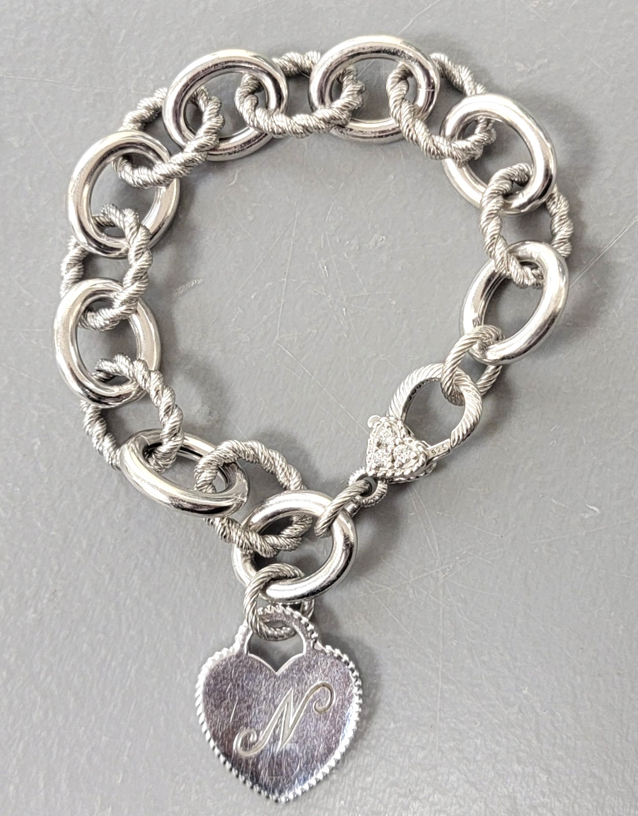 Judith Ripka Sterling Silver 8″ Heart Charm Chain Bracelet w/ “N” Mono 45 Grams