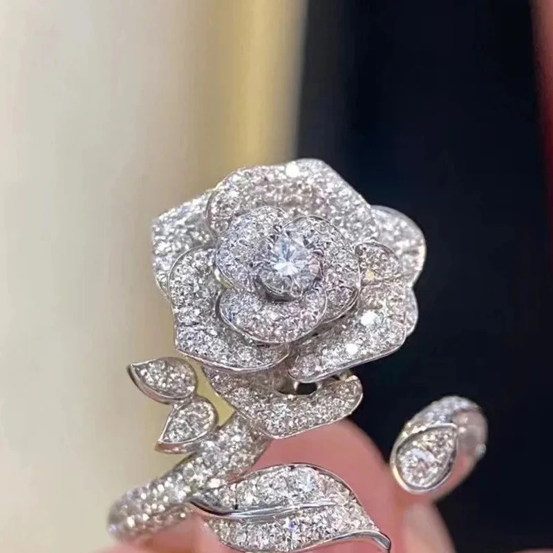 Cocktail Ring Rose Flower Leaves 925 Sterling Silver Adjustable Women Jewelry