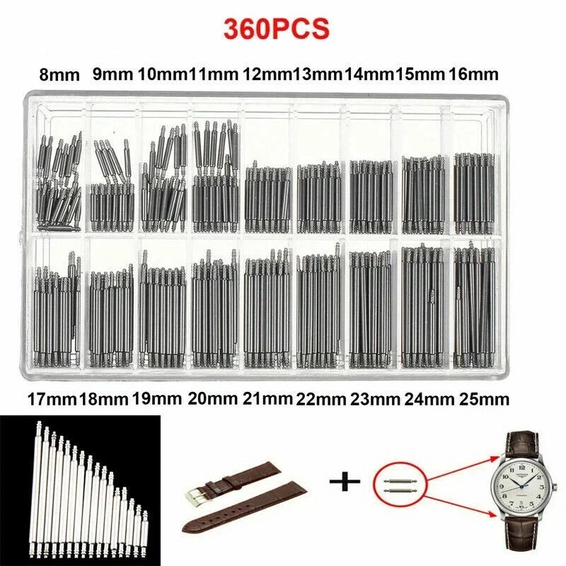 360pcs Watch PINS SPRING BARS Band Strap Link 8-25mm Repair Kit Stainless Steel