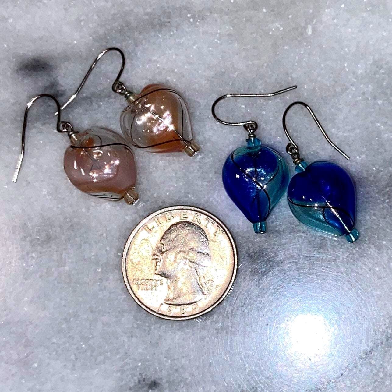 2 Pair Peach and Blue Hand Blown Heart Shape Glass Earrings